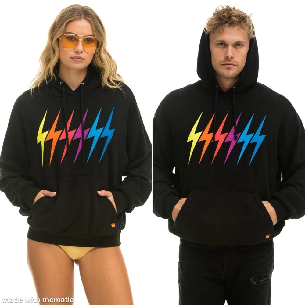 Aviator Nation Bolt‎ Gradient Relaxed Pullover Hoodie Black Rainbow Unisex Small